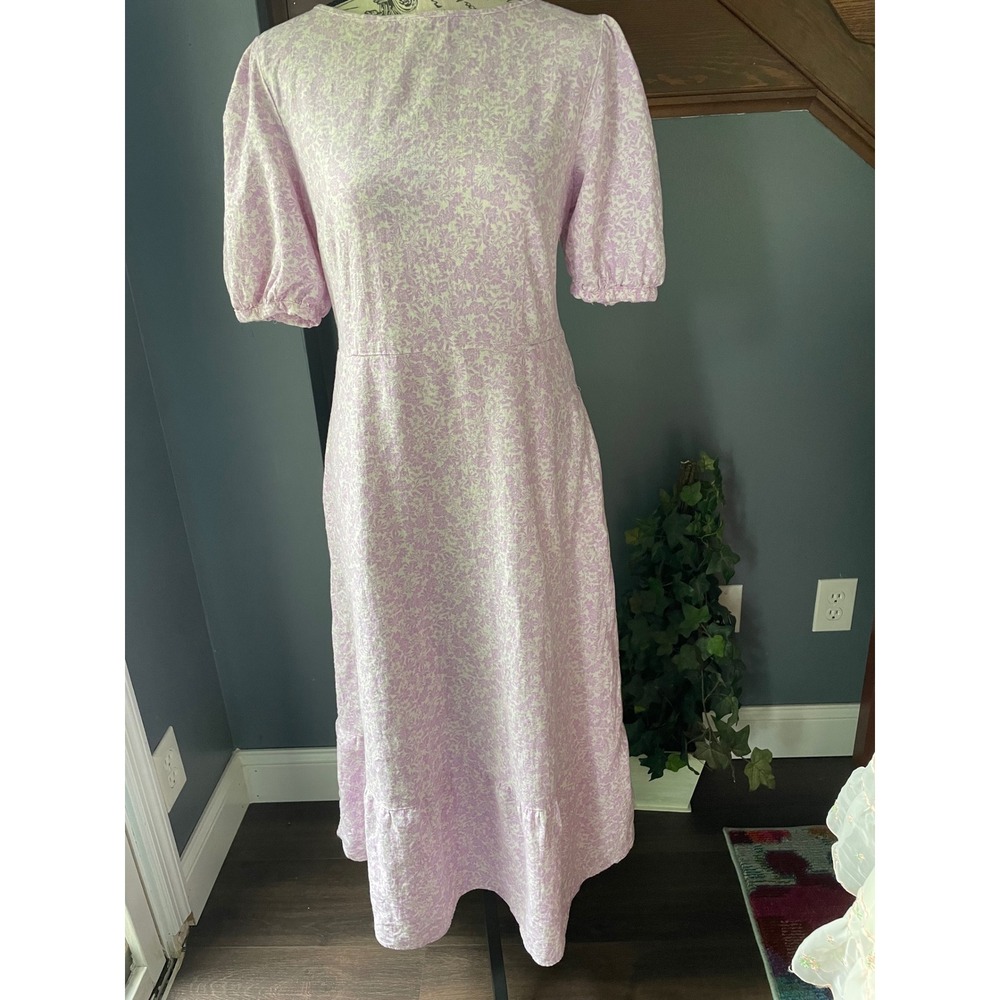Who What Wear Lilac Floral Linen Blend Puff Sleeve Open Back Midi Dress Medium